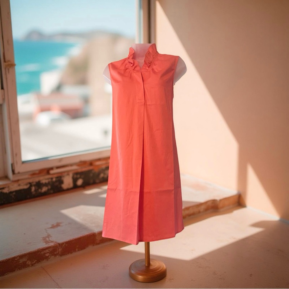 Sleeveless Button Coral Ruffle Button Shirt Dress Poplin Cotton